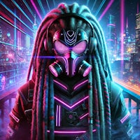 a man with dreadlocks and neon lights in front of a city
